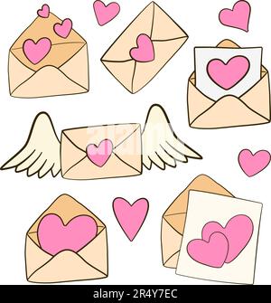 Amore lettere e cuori. Set di icone del giorno di San Valentino. Icone cartoni animati. Illustrazione vettoriale Illustrazione Vettoriale