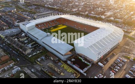 Vista aerea di Bloomfield Road, sede del Blackpool FC. Nel 19th ° secolo era conosciuto come campo di Gamble Foto Stock