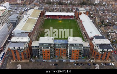 Vista aerea di Brisbane Road, sede del Leyton Orient FC Foto Stock