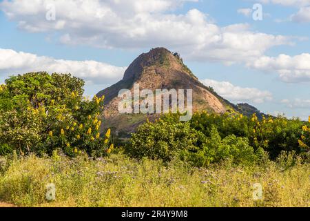 Bunda Mountain visto da R & L Game Ranch, Mwenda, Malawi Foto Stock