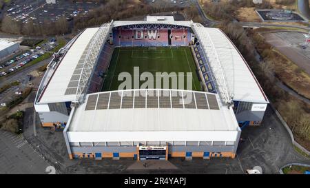 Vista aerea del DW Stadium, sede del Wigan Athletic FC. Precedentemente noto come JJB Stadium Foto Stock