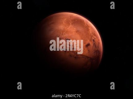 Pianeta Marte. Fantascienza arte Il pianeta Marte che appare dal buio dello spazio esterno. Splendido sfondo scuro. Elementi forniti dalla NASA. Foto Stock