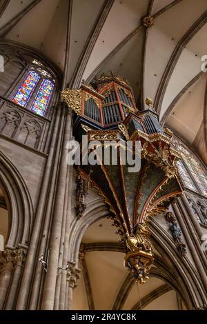 Dettaglio interno del grande organo nella Cattedrale di nostra Signora di Strasburgo in Place de la Cathédrale, Strasburgo, Francia Foto Stock