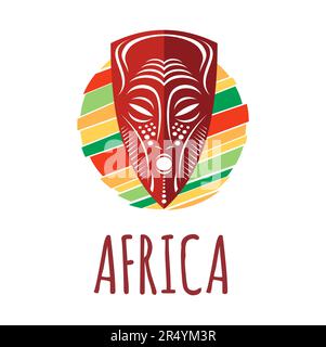 Icona Africa. Emblema maschera tribù. Viaggio in Etiopia, turismo in Africa o emblema vettoriale nazionale del Kenya, segno etnico della Nigeria o simbolo con una maschera cerimoniale o rituale tribale africana Illustrazione Vettoriale