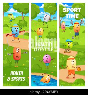 Sport e salute, vignette vitaminiche e minerali sportivi sul fitness, banner vettoriali. Divertente nuoto di potassio e cloro sul jogging correre con sodio giocare a basket con micronutrienti Illustrazione Vettoriale