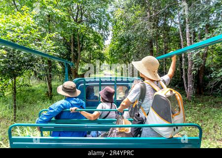 I turisti cavalcano camion fuoristrada per visitare la riserva naturale di Nam Cat Tien nel distretto di Tan Phu, provincia di Dong Nai, Vietnam Foto Stock