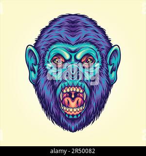 Furious gorilla faccia selvaggio primate illustrazioni cartoni animati illustrazioni vettoriali per il vostro logo di lavoro, t-shirt merchandise, adesivi e disegni di etichette, post Illustrazione Vettoriale