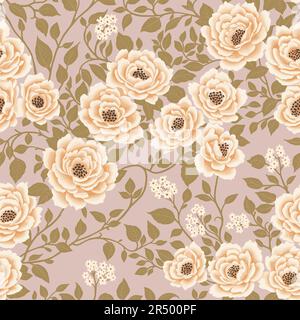 Motivo floreale senza cuciture di fiori bianchi e foglie di beige su Palo Dogwood Torna in stile Chinoiserie. Disegno a mano Art. Wallpaper Design per tessile, carta, stampe, Sfondi di moda, prodotti di bellezza Illustrazione Vettoriale