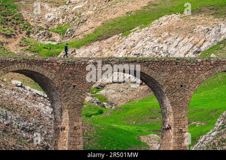 Un antico ponte in pietra nei sobborghi della città di Gadabay, costruito dai fratelli Siemens nel 1879 per trasportare minerale alla pianta da ra a scartamento ridotto Foto Stock