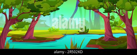 Fiume nella giungla foresta vettore paesaggio tropicale sfondo. Flusso acqua acqua acqua cartone animato illustrazione della natura con erba verde e selvaggio paesaggio amazzonico. Progettazione di scene di gioco nella foresta pluviale nella valle Illustrazione Vettoriale