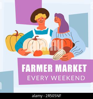 Mercato agricolo, ogni fine settimana, banner promozionale Illustrazione Vettoriale