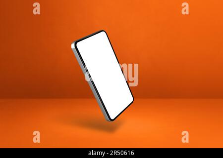 Smartphone vuoto che oscilla su uno sfondo arancione. 3D illustrazione isolata. Modello orizzontale Foto Stock