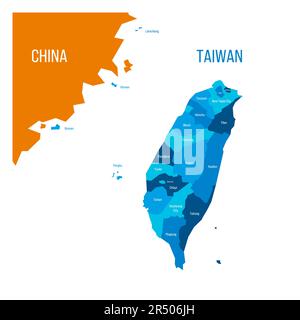 Mappa politica di Taiwan e parte della Cina. Paese con divisioni amministrative di diversi colori. Mappa vettoriale con etichette. Illustrazione Vettoriale