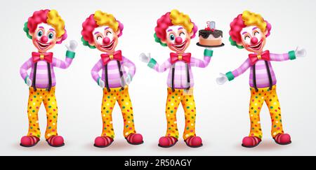 Design del set di vettori di caratteri clown. Personaggi di compleanno clown, mascotte, buffone e scherzatore in pose in piedi. Illustrazione vettoriale divertente fumetto comico Illustrazione Vettoriale