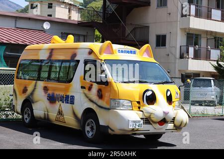 Kinugawa, Giappone - 2 maggio 2023: Scuolabus a forma di gatto vicino all'asilo a Kinugawa, una città rurale del giappone. il giappone sperimenta la fertilità subsostitutiva, l'agina Foto Stock