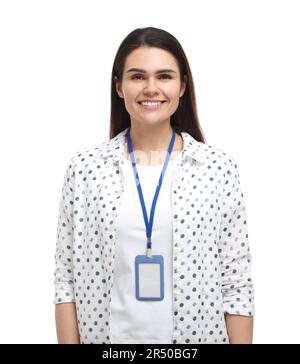 Donna felice con badge vip pass su sfondo bianco Foto Stock