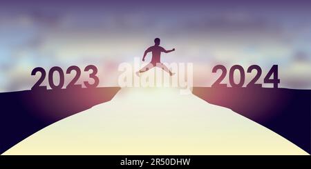 uomo che salta su una scogliera dal 2023 al 2024 felice anno nuovo Illustrazione Vettoriale