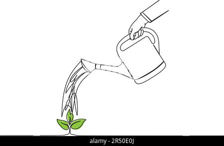 disegno continuo a linea singola di persona che innaffia una piccola pianta verde con annaffiatoio, disegno vettoriale di arte di linea Illustrazione Vettoriale