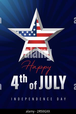 Felice 4th luglio Idependence Day USA, banner blu. Design per le vacanze americane con bandiera americana a forma di stella. Illustrazione vettoriale Illustrazione Vettoriale