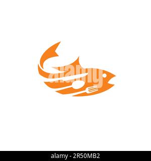 Coltello combinato per pesci, forchetta, cucchiaio. Logo Fish Food del ristorante Illustrazione Vettoriale