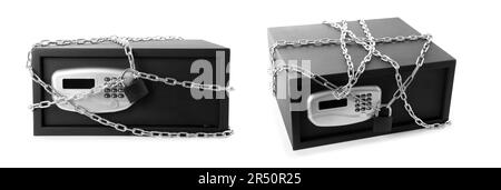 Cassaforte in acciaio nero con catene e lucchetto su sfondo bianco, vista da diversi lati Foto Stock