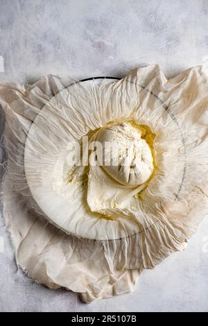 Ricotta fatta in casa in una cheesecloth Foto Stock