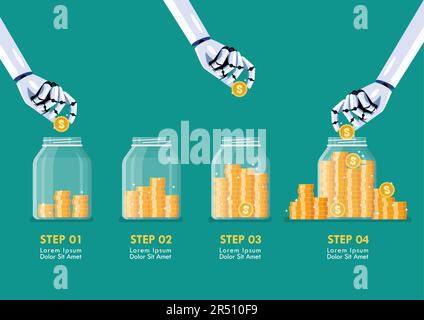 Passo di Robot mani salvando monete in vasi di vetro. Illustrazione vettoriale Illustrazione Vettoriale