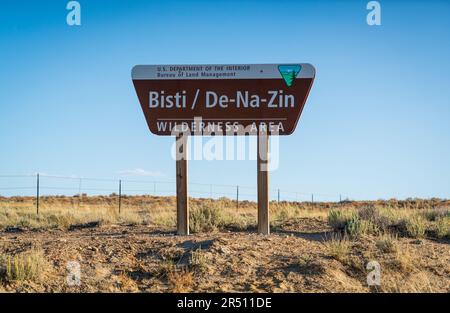 Un arco a forma di scudo illuminato con la scritta Grants, New Mexico, Historic Route 66 brilla di notte con fiamme dipinte sotto. Foto Stock