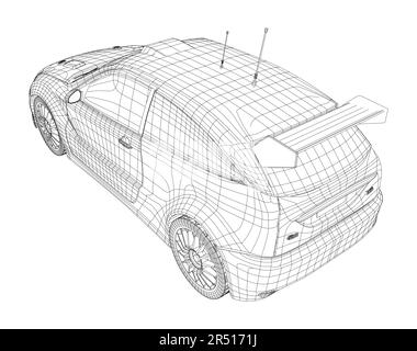 Vettore di illustrazione di automobile di rally. Linea filo-telaio isolata. Rendering vettoriale di 3d Illustrazione Vettoriale