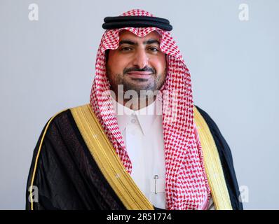 Berlino, Germania. 31st maggio, 2023. Il principe Abdullah bin Khaled bin Sultan bin Abdulaziz al Saud, ambasciatore dell'Arabia Saudita in Germania, si trova al Palazzo Bellevue in occasione del suo accreditamento da parte del presidente Steinmeier. Gli ambasciatori inviati nella Repubblica federale di Germania in qualità di rappresentanti dei loro stati devono essere accreditati dal Presidente federale per svolgere la loro funzione. Credit: Bernd von Jutrczenka/dpa/Alamy Live News Foto Stock