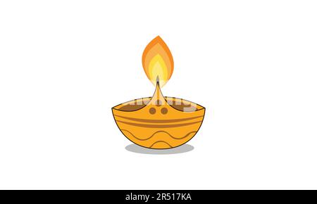 Burning Diya, Una piccola lampada ad olio a forma di tazza fatta di argilla cotta al forno Illustrazione Vettoriale