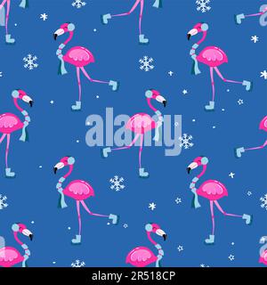 Cute Flamingo modello per Natale - adorabile fenicottero, fiocchi di neve, illustrazione. Carta da parati disegnata a mano. Ideale per tessuti, vivaio, tappezzeria, stoffa Illustrazione Vettoriale