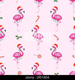 Cute Flamingo modello per Natale - adorabile illustrazione di fenicottero. Carta da parati disegnata a mano. Ideale per tessuti, vivaio, carta da parati, vestiti. Buon CHRI Illustrazione Vettoriale