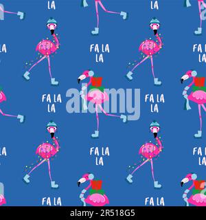 Cute Flamingo modello per Natale - adorabile fenicottero, cactus, palma illustrazione. Carta da parati disegnata a mano. Buono per tessuti, vivaio, carta da parati, Illustrazione Vettoriale
