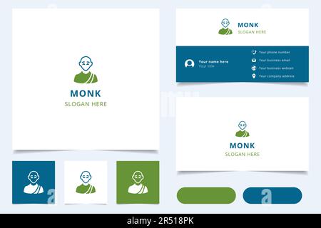 Logo Monk con slogan modificabile. Libro di branding e modello biglietto da visita. Illustrazione Vettoriale