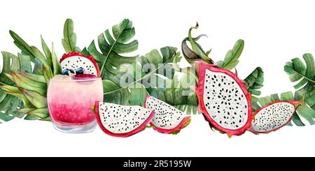 Frutti di drago rosso con pitahaya rosa limone succo acquerello banner senza cuciture. Giungla tropicale illustrazione orizzontale Foto Stock