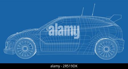 Auto da rally. Telaio a filo vettoriale per auto da corsa su sfondo bianco. Trasporto automatico Illustrazione Vettoriale