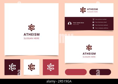 Logo di ateismo con slogan modificabile. Libro di branding e modello biglietto da visita. Illustrazione Vettoriale