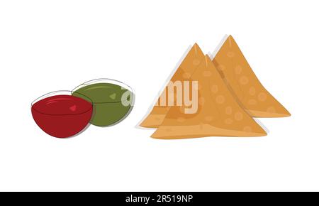 Samosa con salse chutney su sfondo bianco Illustrazione Vettoriale