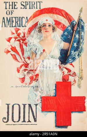 Propaganda della prima Guerra Mondiale (Croce Rossa americana, 1919). Reclutamento Poster feat a infermiera 'lo Spirito d'America', Howard Chandler Christy Artwork Foto Stock