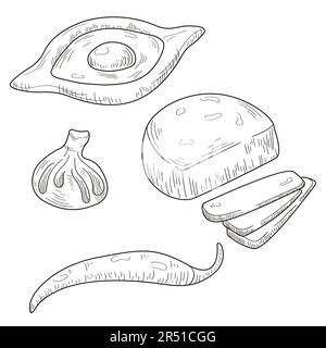 Disegnare cibo nazionale georgiano isolato su sfondo bianco. Khachapuri, khinkali disegnati a mano. Illustrazione Vettoriale