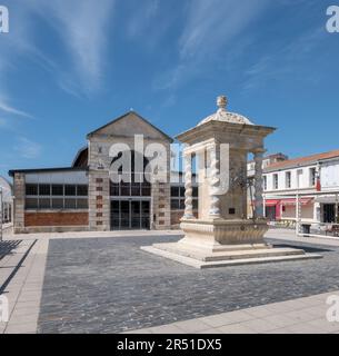 Isola di Oleron nella Charente-Maritime, Francia. Fontana storica (1851) e mercato (1891) in Chateau d'Oleron Foto Stock