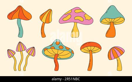 Set di funghi magici hippie. Fungo astratto colorato e psichedelico in stile retrò 70s. Illustrazione vettoriale Illustrazione Vettoriale