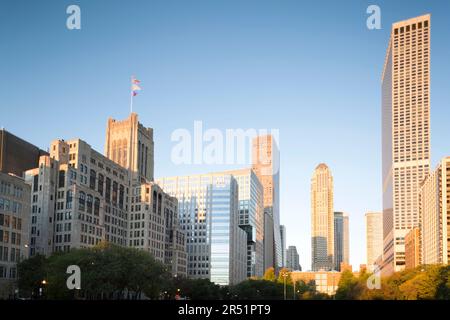 USA, Illinois, Chicago, edifici universitari lungo East Chicago Avenue. Foto Stock