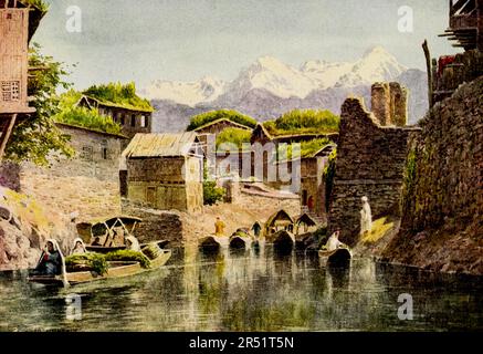 Market Boats on the Mar Canal, Srinagar dipinto dal maggiore Edward Molyneux dal libro ' Kashmir ' di Sir Francis Edward Younghusband, pubblicato a Londra da Adam & Charles Black nel 1911 Foto Stock