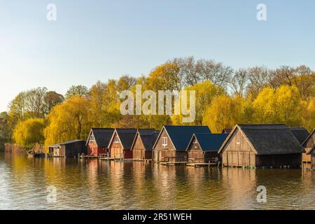 Tradizionali capanne di pescatori dal tetto di paglia sul fiume Mueritz, paese Roebel, Mecklenbrug Lake District, Mecklenburg-West-Pomerania, Germania orientale Foto Stock