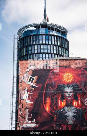 Wall art of Diablo IV gioco per playstation di Blizzard dipinto sul lato di un edificio a Shoreditch, Londra, Inghilterra, Regno Unito. Foto Stock