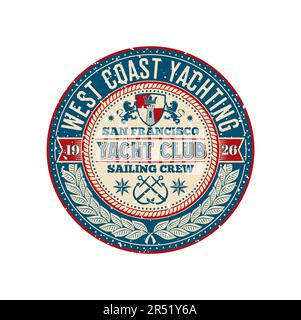 Yacht club retro patch, marchio d'antiquariato regata. Simbolo della navigazione in mare, emblema vettoriale retrò regata nautica o emblema dello sport della vela. Gara di yacht Illustrazione Vettoriale