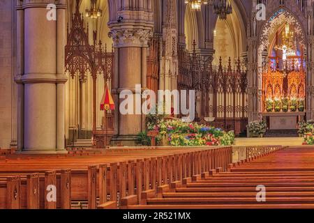 Basilica Cattedrale del Sacro Cuore di Newark NJ - Vista Francese di architettura revival gotico altare in stile dalla parte posteriore del cattolico romano di Coira Foto Stock