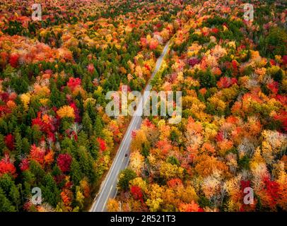 White Mountains NH Fall Foliage - veduta aerea dei colori di picco autum a Kancamagus Highway nella White Mountain National Forest nel New Hampshire. Foto Stock